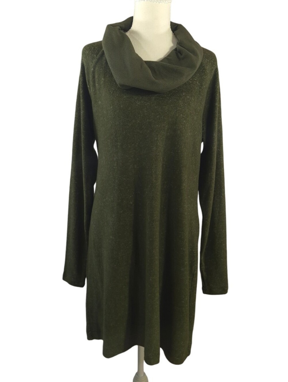 Cabi Solace Cowl Neck Sweater Dress Heathered Olive Green Cozy Soft - Sz Medium